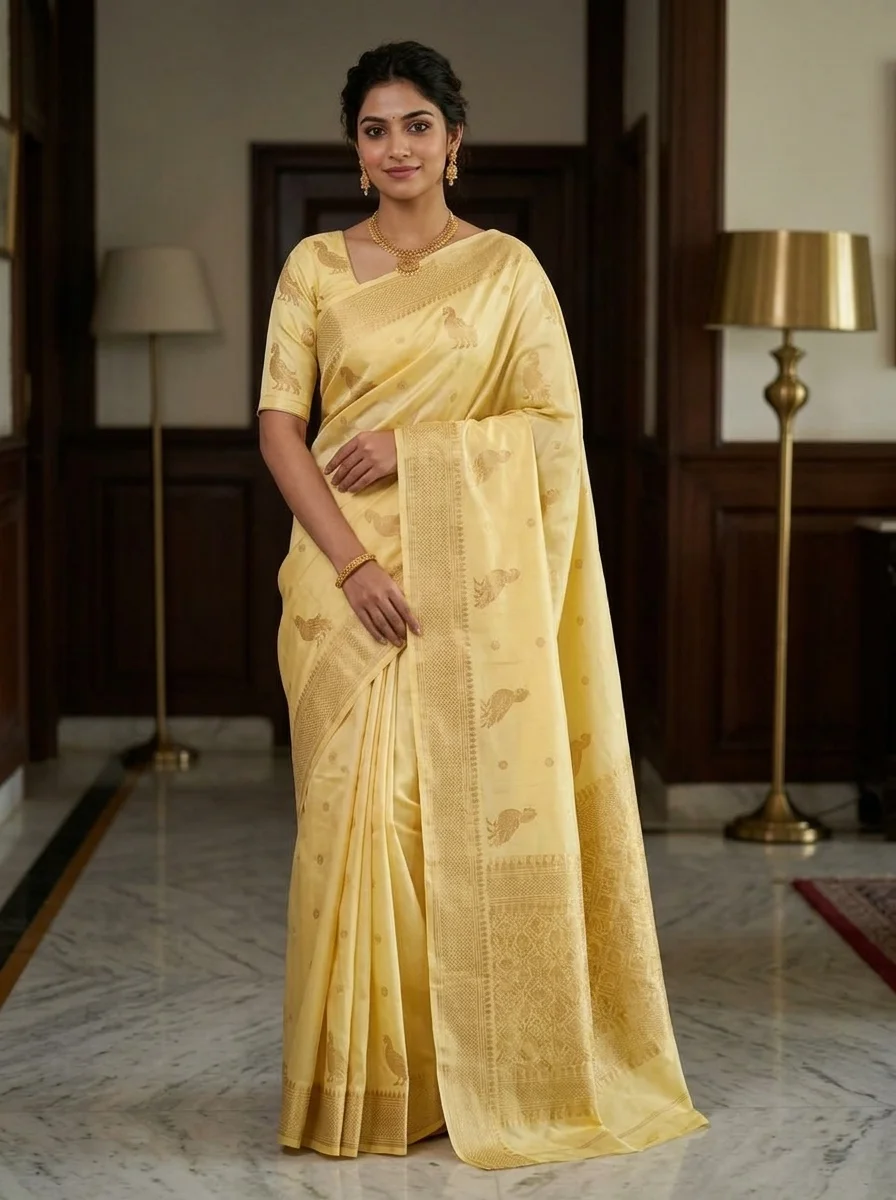 Cream Gold Elegant Traditional Soft Silk Saree with Subtle Woven Design